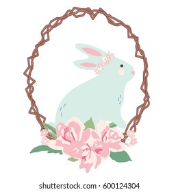 Vector illustration bunny with flower wreath on it's head; flower bouquet and branch wreath