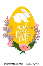 Vector illustration with a bunny and with flowers, an egg . Excellent for the design of postcards, posters, stickers and so on.