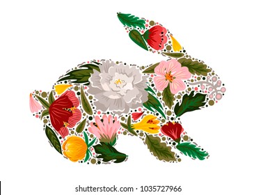 Vector illustration with a bunny and flowers . Excellent for the design of postcards, posters, stickers and so on.