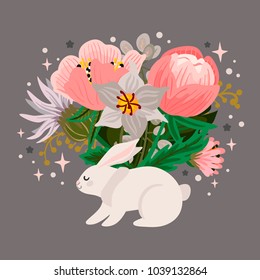 Vector illustration with a bunny and flowers . Excellent for the design of postcards, posters, stickers and so on.