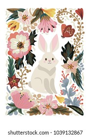 Vector illustration with a bunny and flowers . Excellent for the design of postcards, posters, stickers and so on.