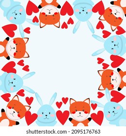 ilustración vectorial de un conejito y un zorro y corazones. una linda tarjeta de felicitación o marco. día de San Valentín o cumpleaños