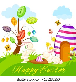 vector illustration of bunny hiding colorful Easter egg