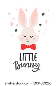 Vector illustration with bunny and with the inscription Little bunny . Excellent for the design of postcards, posters, stickers and so on.