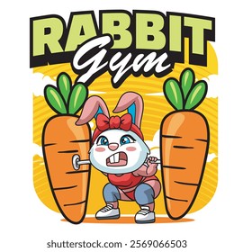 Vector Illustration of Bunny Lifting A Carrot As A Barbell with Retro Mascot Illustration Available for Tshirt Design