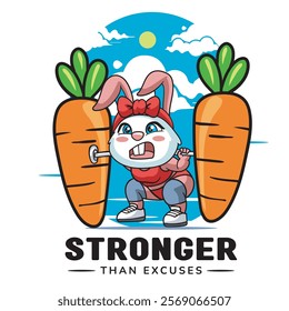 Vector Illustration of Bunny Lifting A Carrot As A Barbell with Retro Mascot Illustration Available for Tshirt Design