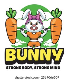 Vector Illustration of Bunny Lifting A Carrot As A Barbell with Retro Mascot Illustration Available for Tshirt Design