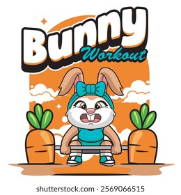 Vector Illustration of Bunny Lifting A Carrot As A Barbell with Retro Mascot Illustration Available for Tshirt Design