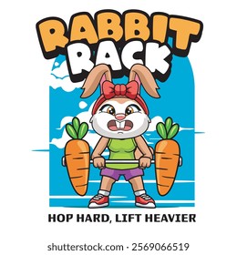 Vector Illustration of Bunny Lifting A Carrot As A Barbell with Retro Mascot Illustration Available for Tshirt Design