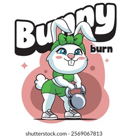 Vector Illustration of Bunny Lifting A Kettlebell with Retro Mascot Illustration Available for Tshirt Design