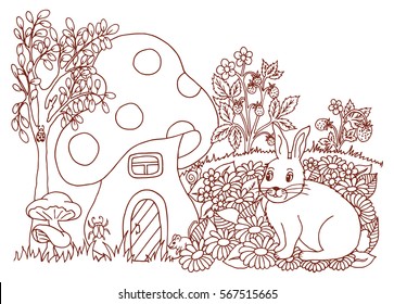 Vector illustration, bunny next to fungus lodge in a glade from flowers. Work made by hand. Book Coloring anti-stress for adults and children.Brown and white.