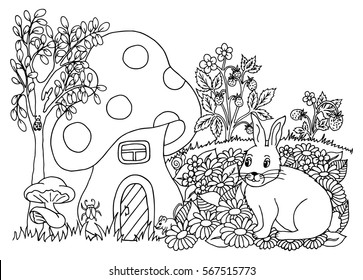Vector illustration, bunny next to fungus lodge in a glade from flowers. Work made by hand. Book Coloring anti-stress for adults and children. Black and white.