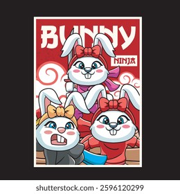 Vector Illustration of Bunny Ninja with Cute Illustration Available for Poster