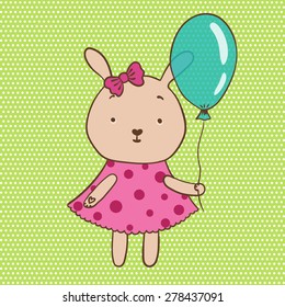 vector illustration of bunny in a pink dress with a balloon in the hands on light green background