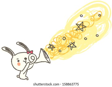 Vector illustration of bunny playing on horn