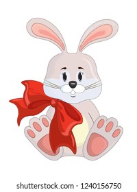 Vector illustration of Bunny with a red bow on a neck, on a white background.
