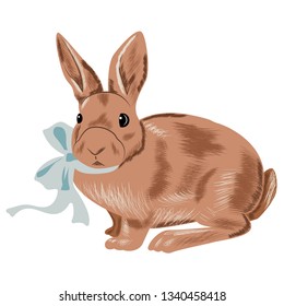 Vector illustration of Bunny with a red bow on a neck, on a white background.