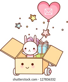 A vector illustration of bunny riding in box with gift boxes and a heart shaped ballon