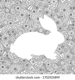 Vector illustration of bunny silhouette on floral background. Seamless coloring page book antistress. Template for Easter greeting card