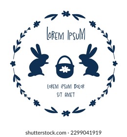 vector illustration of bunny silhouettes and a basket of flowers in a round floral frame with text space, scandi style, png doodle clip art, logo,