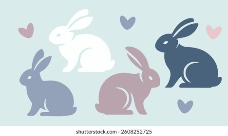 Vector illustration of bunny silhouettes with flowers and hearts for Easter, cute and festive design.