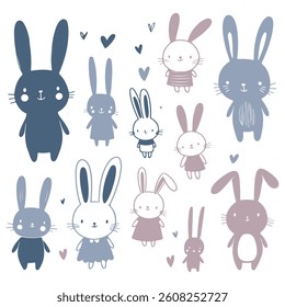 Vector illustration of bunny silhouettes with flowers and hearts for Easter, cute and festive design.