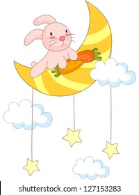 Una ilustración vectorial de un conejito sentado en media luna