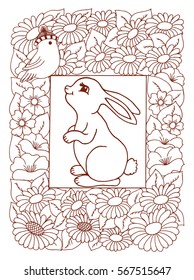 Vector illustration, bunny surrounded flowers looks at birdie. Work made by hand. Book Coloring anti-stress for adults and children.Brown and white.