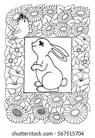 Vector illustration, bunny surrounded flowers looks at birdie. Work made by hand. Book Coloring anti-stress for adults and children. Black and white.