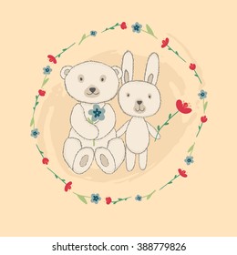 Vector illustration, bunny and teddy bear with flowers. Beige background, vintage. Hand drawn, cartoon style.