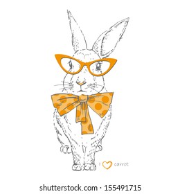 Vector illustration of bunny in trendy glasses and bow isolated on white