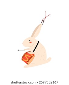 Vector illustration of a bunny-shaped Christmas tree ornament holding a decorative drum on a white background.