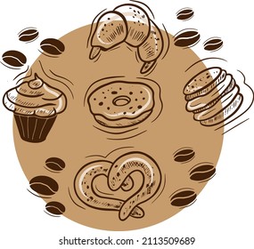 Vector illustration of buns and cakes for coffee. Vintage illustration for cafe decoration. Cake poster