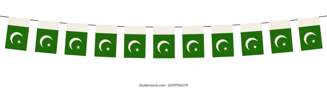 Vector illustration of bunting flags Pakistan. Decorative string of small national flags featuring the green and white design with crescent and star.