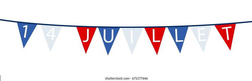 Vector illustration of bunting in French national colors reading '14 Juillet' isolated on white background