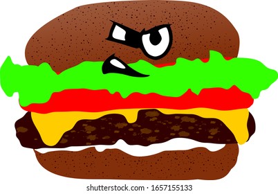 Vector Illustration Burger with Angry Face Expression