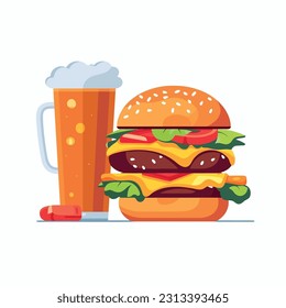 Vector illustration of a burger and beer combo flat design and minimalism. Burger and beer glass, burger bun, patty, lettuce, tomato, and condiments, as well as the beer glass and foam