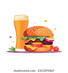 Ilustración vectorial de un diseño y minimalismo combinado de hamburguesa y cerveza. Vidrio de hamburguesa y cerveza, bollo de hamburguesa, patatas, lechuga, tomate y condimentos, así como vaso de cerveza y espuma