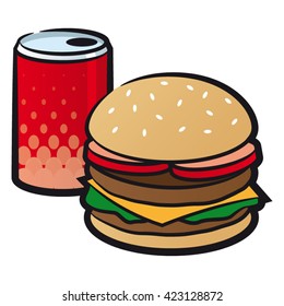 vector illustration of a burger and a beverage can