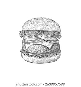 Vector illustration of a burger in black and white sketch style with hand-drawn hatching lines. Perfect for vintage menus, logos, or food packaging designs.