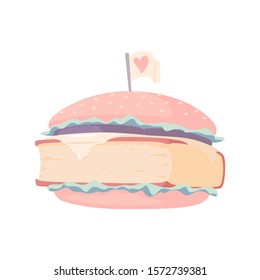 Vector illustration of burger with book instead of meat. Not traditional colors. Mental pabulum. Isolated on white background.