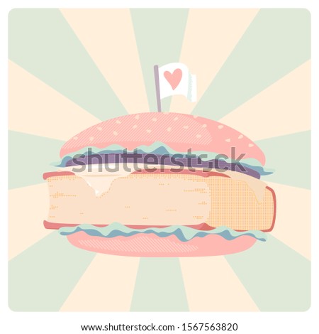 Vector illustration of burger with book instead of meat. Not traditional colors. Mental pabulum.