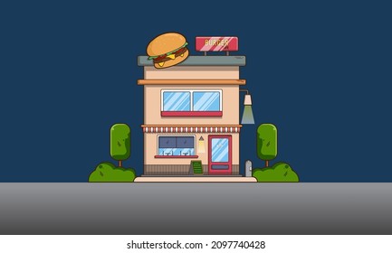 A Vector Illustration Of Burger Cafe. Fast Food Restaurant Building. Night Mode.