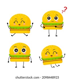 Ilustración vectorial del personaje de la hamburguesa con expresión divertida. monstruo de dibujos animados aislado en fondo blanco, estilo simple mínimo, para colección de mascotas o emoticonos. comida adorable