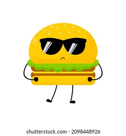 Vector illustration of burger character with funny expression. cartoon monster isolated on white background, simple minimal style, for mascot or emoticon collection. cool with sunglasses