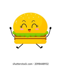 Vector illustration of burger character with funny expression. cartoon monster isolated on white background, simple minimal style, for mascot or emoticon collection. jump and happy