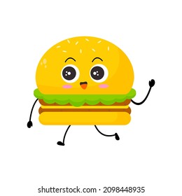 Vector illustration of burger character with funny expression. cartoon monster isolated on white background, simple minimal style, for mascot or emoticon collection. walking, smile, dan greeting