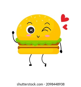 Vector illustration of burger character with funny expression. cartoon monster isolated on white background, simple minimal style, for mascot or emoticon collection. lovely wink