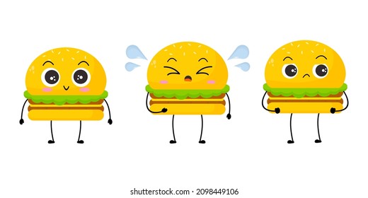 Vector illustration of burger character with funny expression. cartoon monster isolated on white background, simple minimal style, for mascot or emoticon collection. cute and adorable set