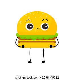 Vector illustration of burger character with funny expression. cartoon monster isolated on white background, simple minimal style, for mascot or emoticon collection. angry and sad